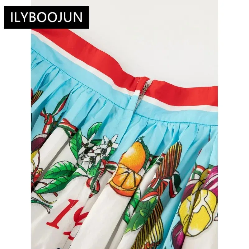 LVSANW Female Clothing 2024 Vintage Runway Autumn Cotton Skirts Women's Vegetable and Food Calendar print Vacation Elegant Skirts