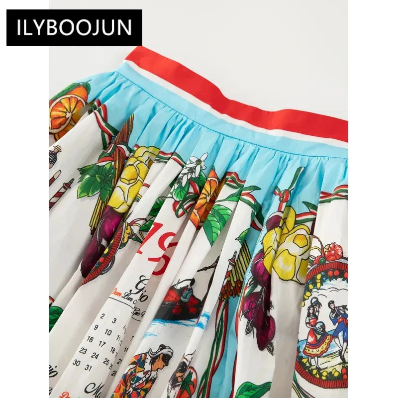 LVSANW Female Clothing 2024 Vintage Runway Autumn Cotton Skirts Women's Vegetable and Food Calendar print Vacation Elegant Skirts