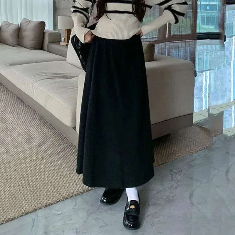 LVSANW Smvp 2025 Autumn Winter New Thicken Plush A-line Skirts Wowen Solid Casual High Waisted Long Skirt Ladies Lazy Style Midi Skirts