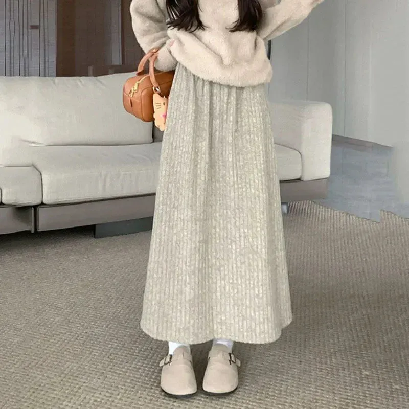 LVSANW Smvp 2025 Autumn Winter New Thicken Plush A-line Skirts Wowen Solid Casual High Waisted Long Skirt Ladies Lazy Style Midi Skirts