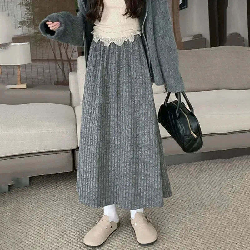 LVSANW Smvp 2025 Autumn Winter New Thicken Plush A-line Skirts Wowen Solid Casual High Waisted Long Skirt Ladies Lazy Style Midi Skirts