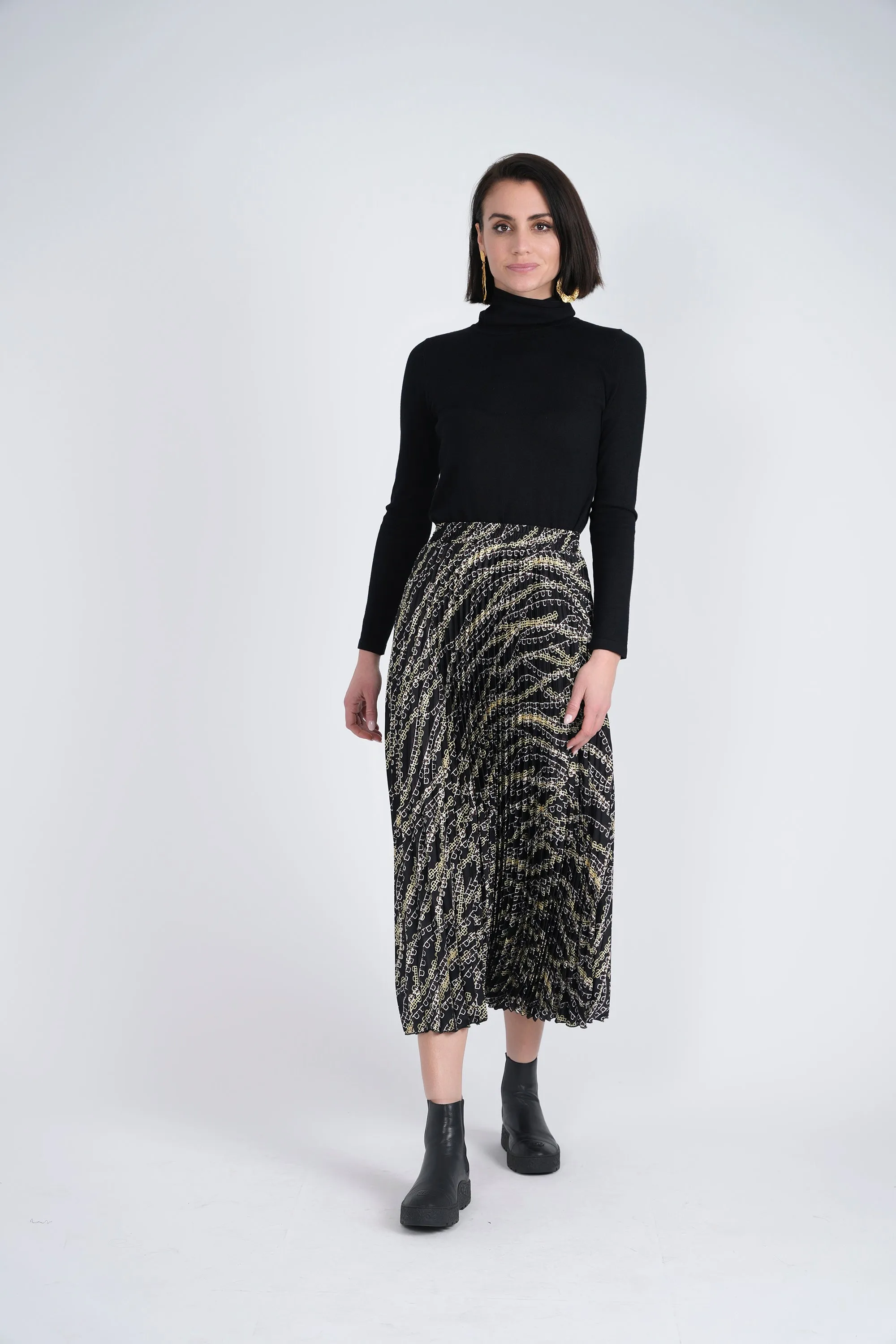 Mademoiselle Pleated Geometric Print Satin Midi Skirt