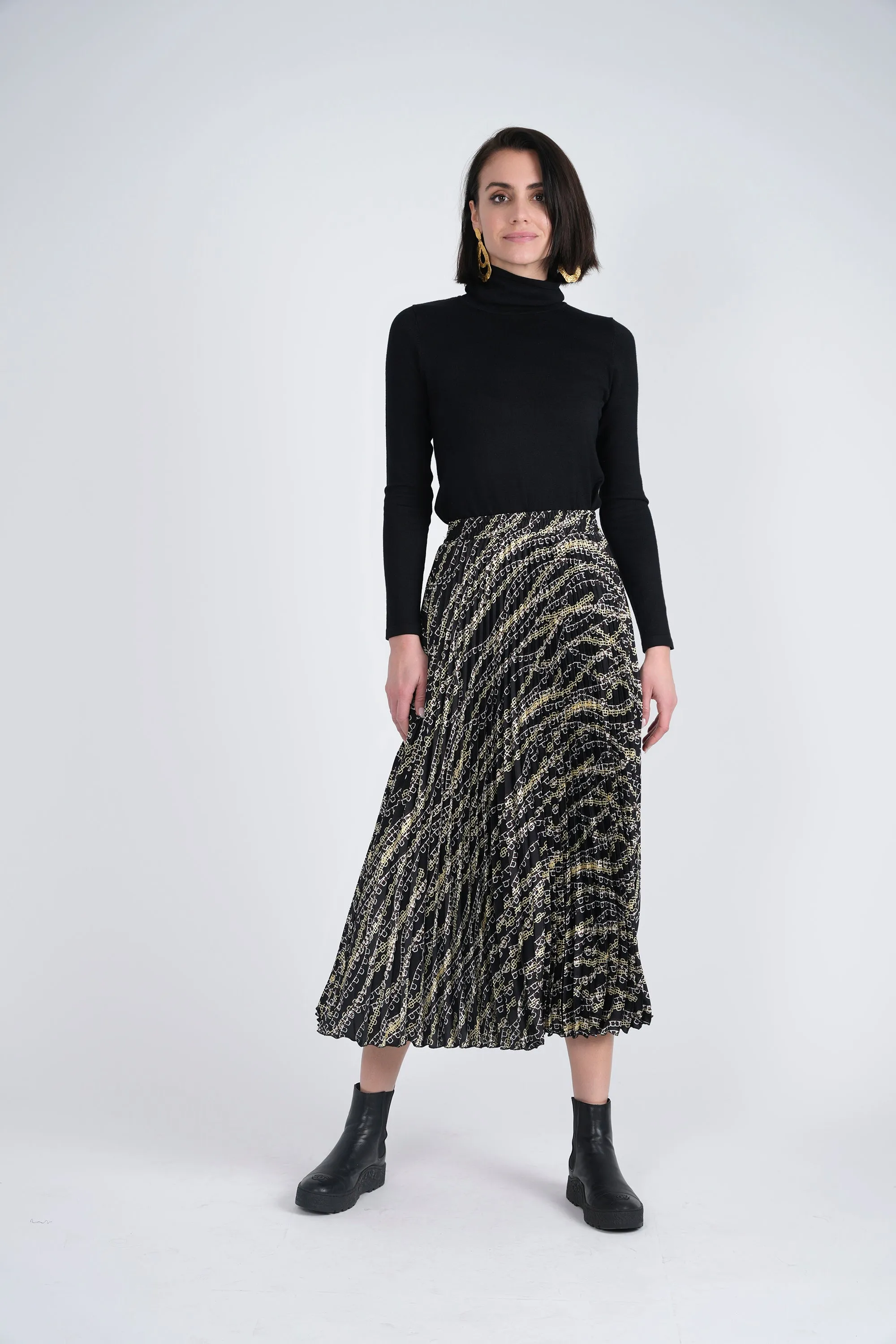 Mademoiselle Pleated Geometric Print Satin Midi Skirt