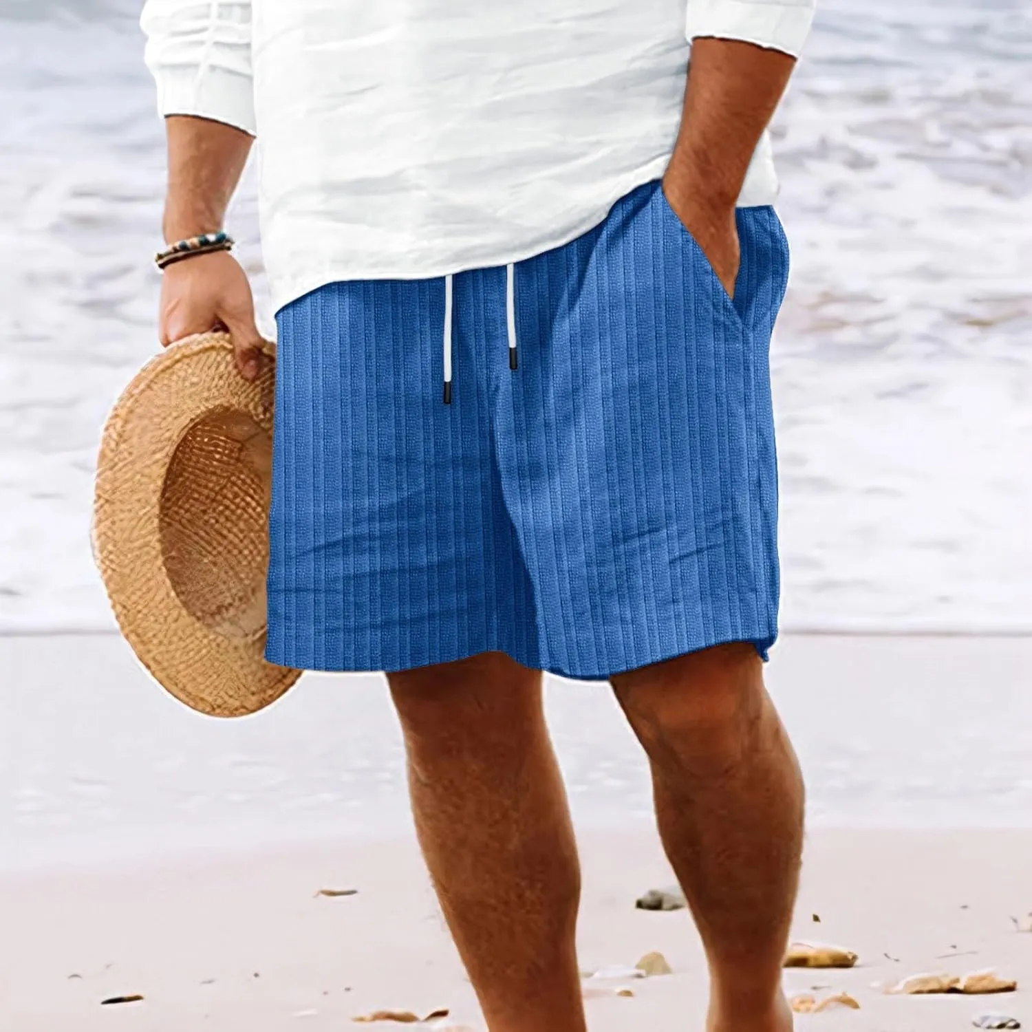 Men's Linen Cargo Shorts Summer Casual Elastic Waist Drawstring Beach Shorts with Pockets Lightweight