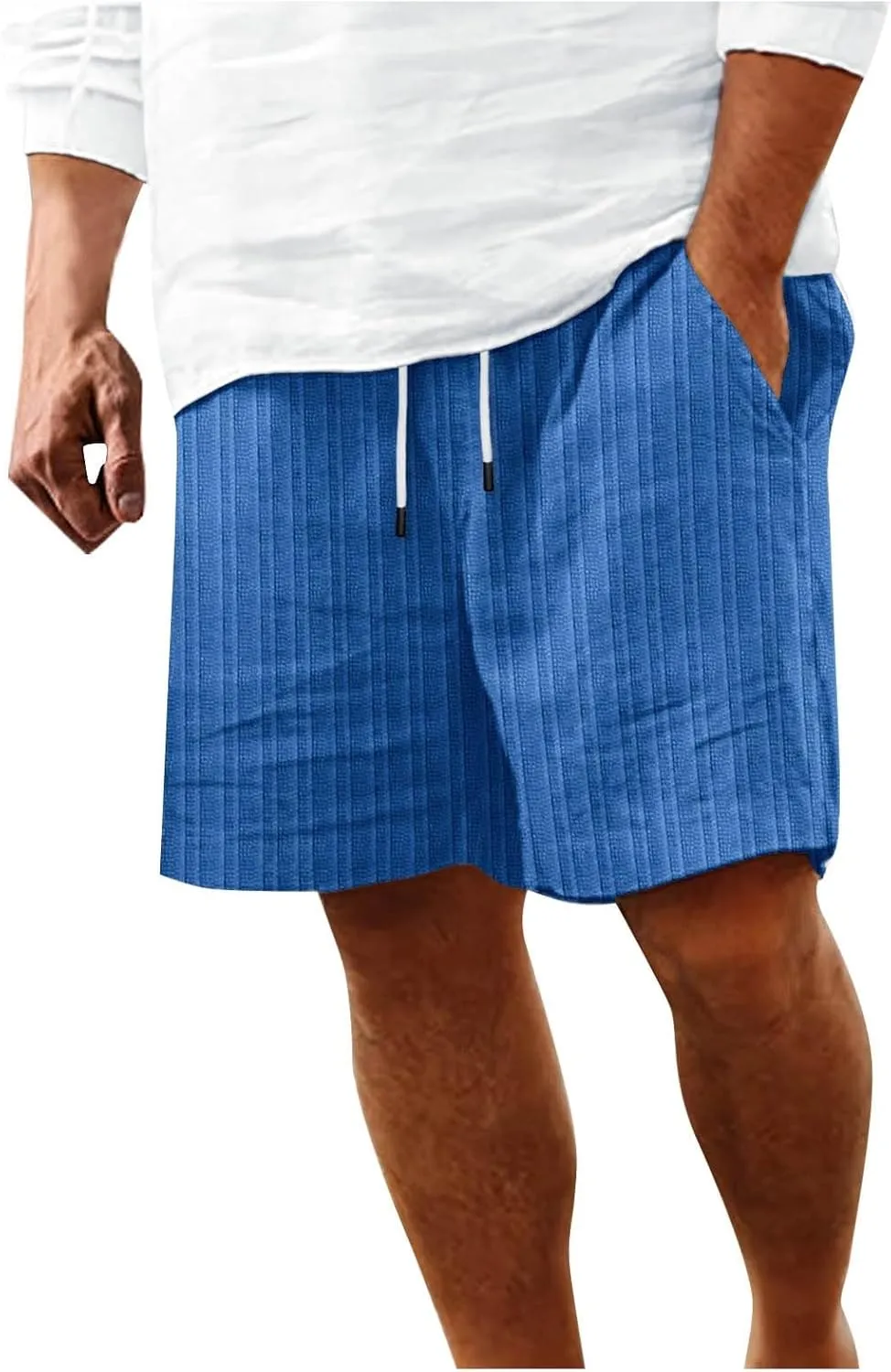 Men's Linen Cargo Shorts Summer Casual Elastic Waist Drawstring Beach Shorts with Pockets Lightweight