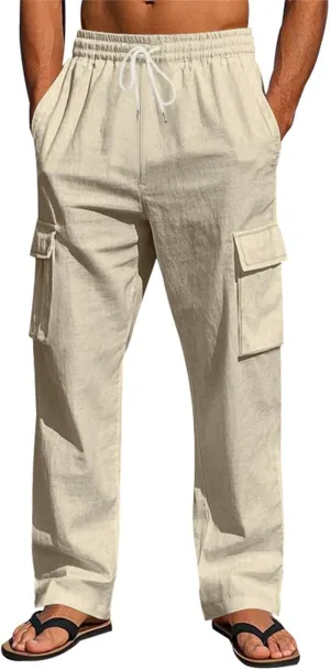 Mens Work Pants Linen Straight Elastic Waist Drawstring Summer Casual Fit Soild Sweatpants Vacation Beach Trousers