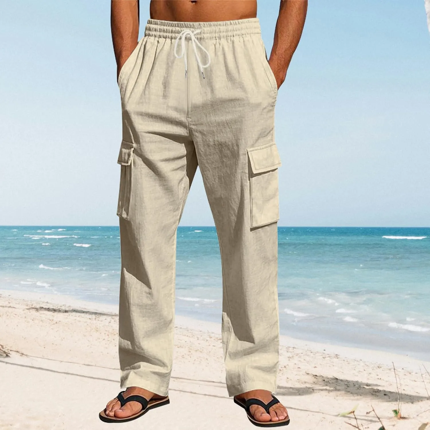 Mens Work Pants Linen Straight Elastic Waist Drawstring Summer Casual Fit Soild Sweatpants Vacation Beach Trousers