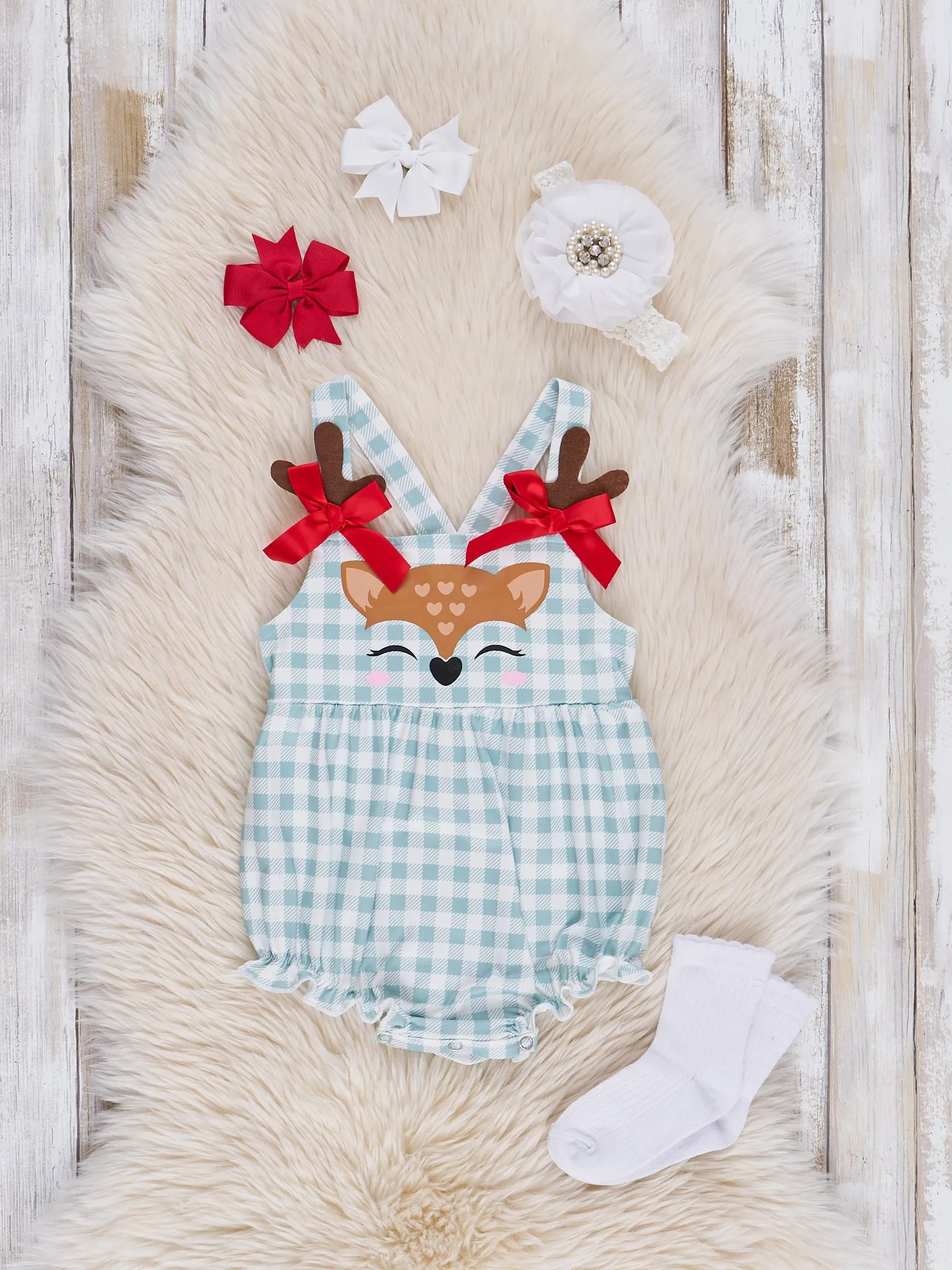 Mint Gingham Reindeer Overalls Bubble Set
