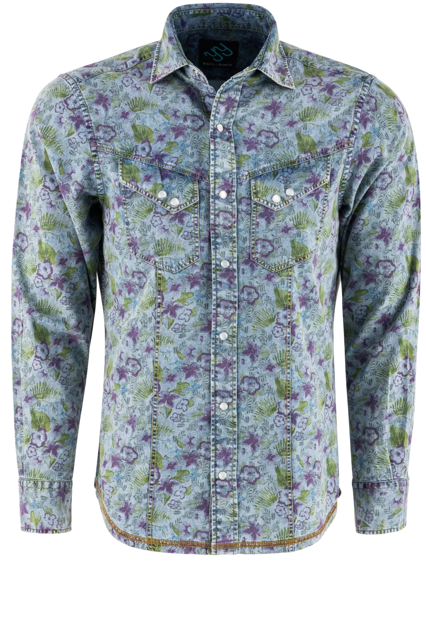 Pinto Ranch YY Collection Printed Long Sleeve Pearl Snap Shirt - Denim