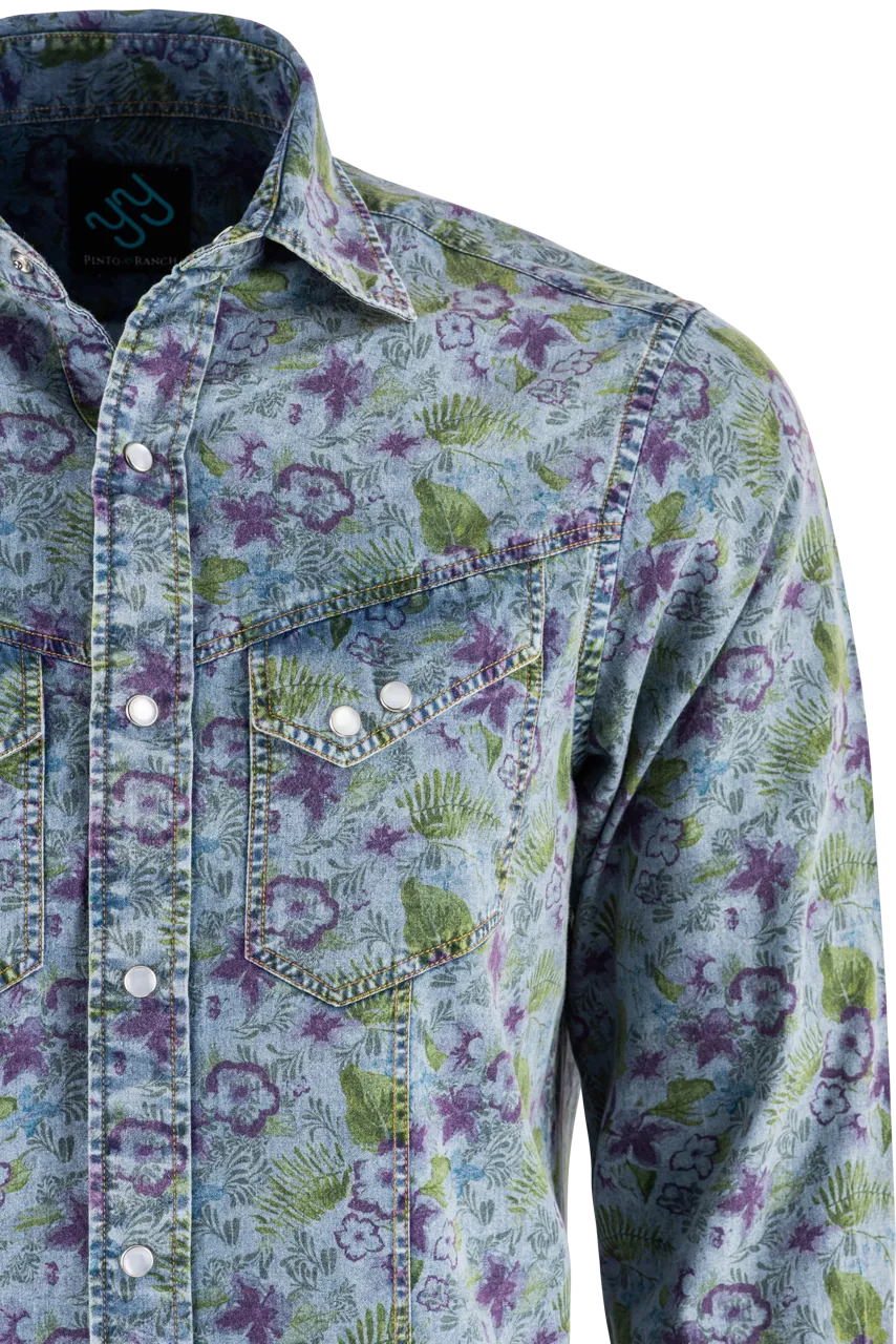Pinto Ranch YY Collection Printed Long Sleeve Pearl Snap Shirt - Denim