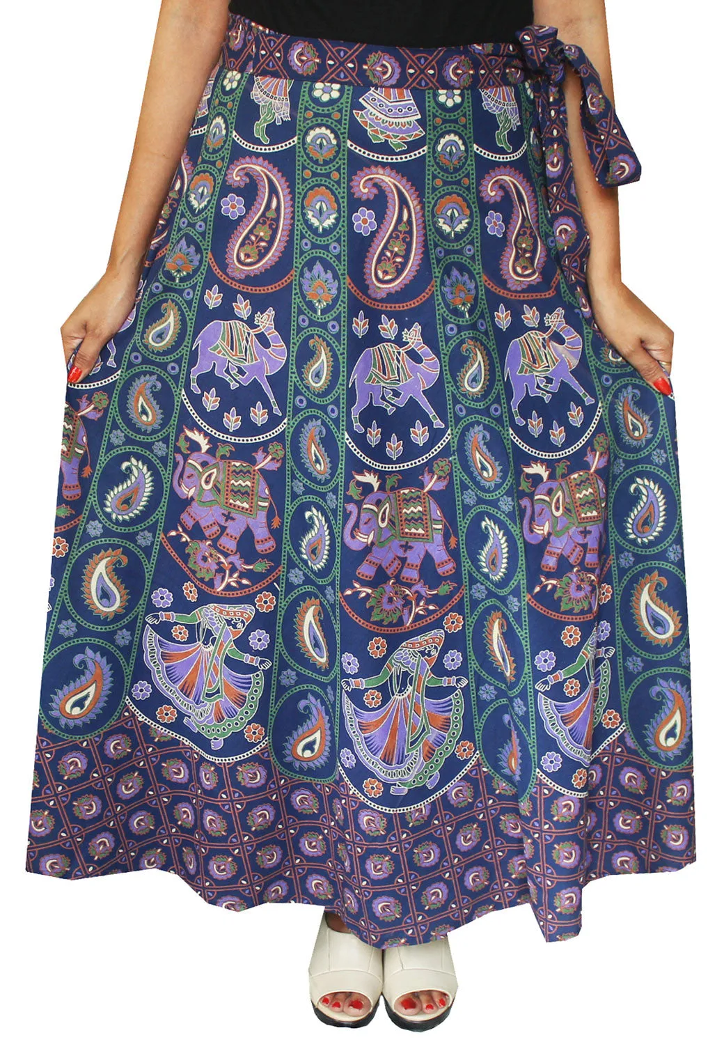Printed Long Cotton Wrap Around Skirt India Women (Blue)