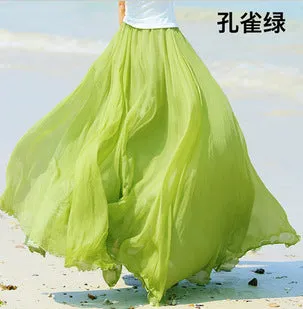 Pure Color Big Hemline High Waist Long Swing Beach Chiffon Skirt