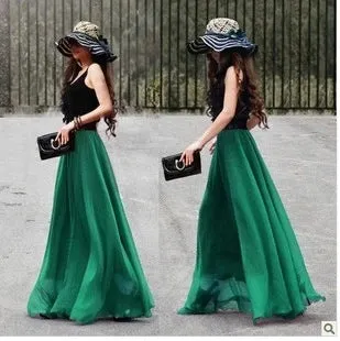 Pure Color Big Hemline High Waist Long Swing Beach Chiffon Skirt