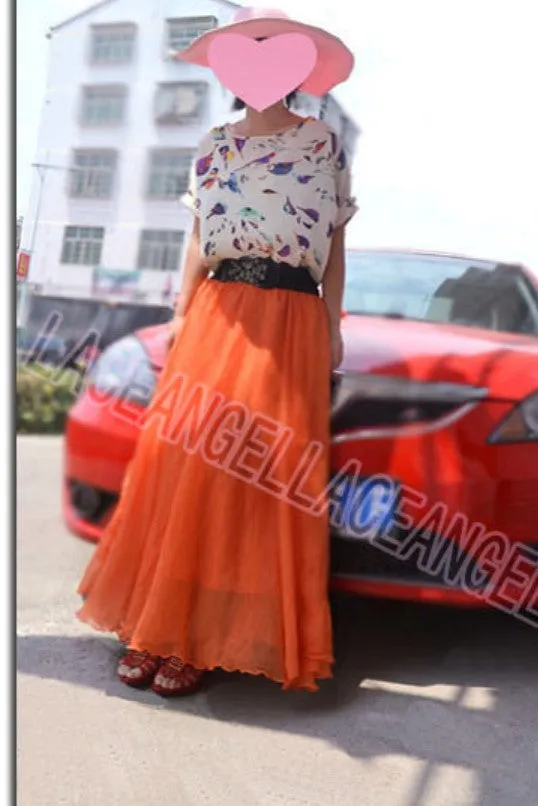 Pure Color Big Hemline High Waist Long Swing Beach Chiffon Skirt