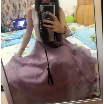 Pure Color Big Hemline High Waist Long Swing Beach Chiffon Skirt
