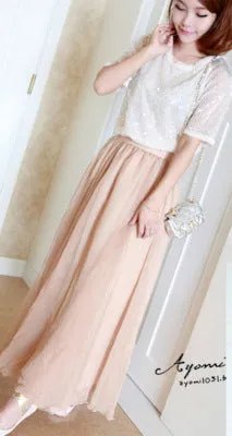 Pure Color Big Hemline High Waist Long Swing Beach Chiffon Skirt