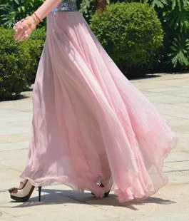 Pure Color Big Hemline High Waist Long Swing Beach Chiffon Skirt