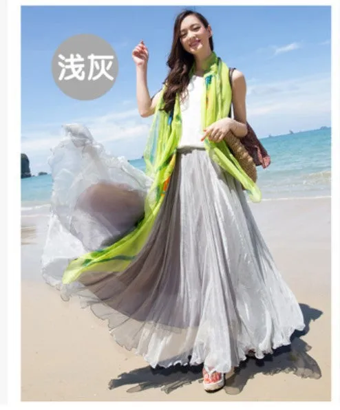 Pure Color Big Hemline High Waist Long Swing Beach Chiffon Skirt