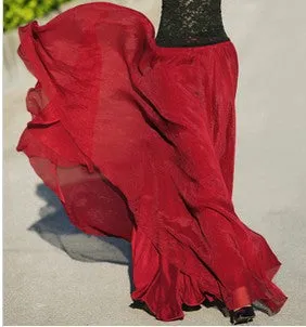 Pure Color Big Hemline High Waist Long Swing Beach Chiffon Skirt