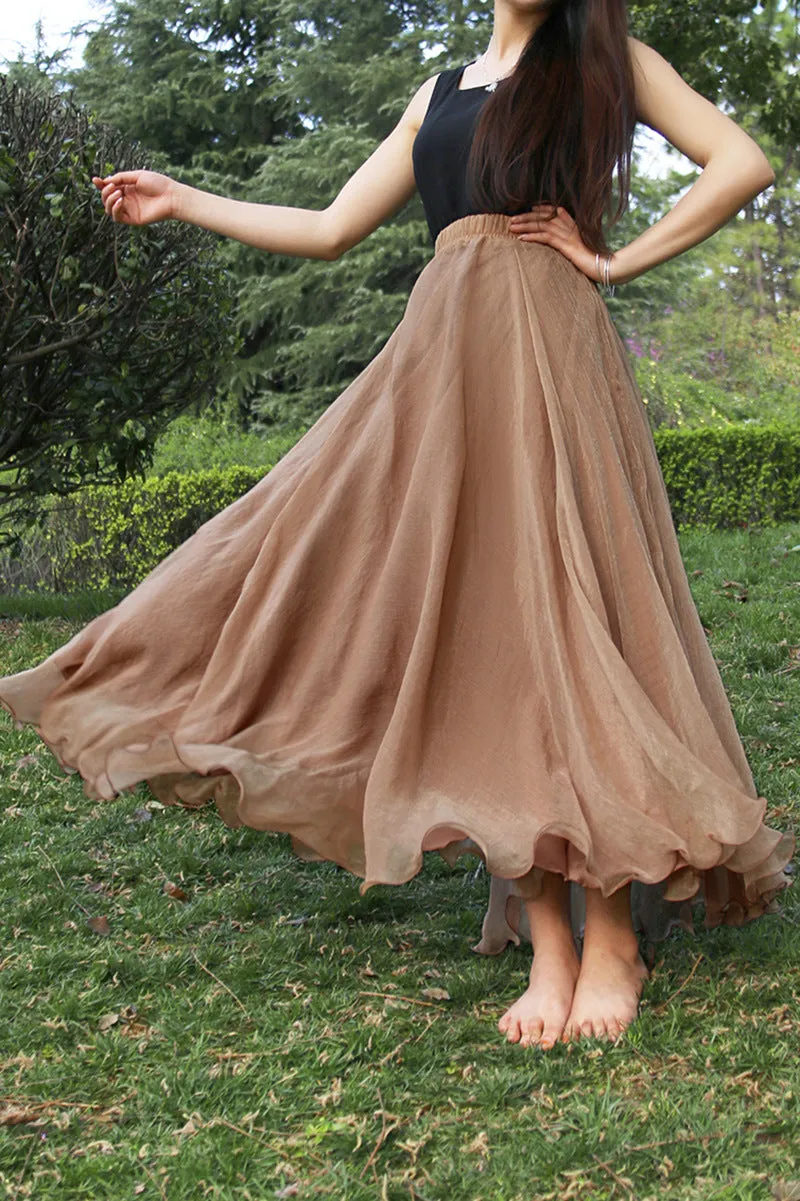 Pure Color Big Hemline High Waist Long Swing Beach Chiffon Skirt