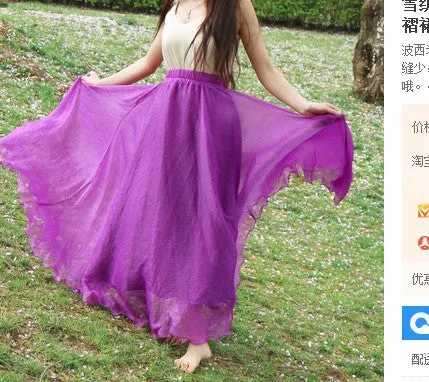 Pure Color Big Hemline High Waist Long Swing Beach Chiffon Skirt