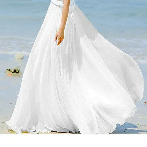Pure Color Big Hemline High Waist Long Swing Beach Chiffon Skirt