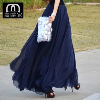 Pure Color Big Hemline High Waist Long Swing Beach Chiffon Skirt