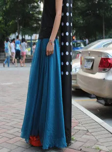 Pure Color Big Hemline High Waist Long Swing Beach Chiffon Skirt
