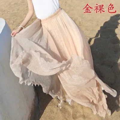 Pure Color Big Hemline High Waist Long Swing Beach Chiffon Skirt