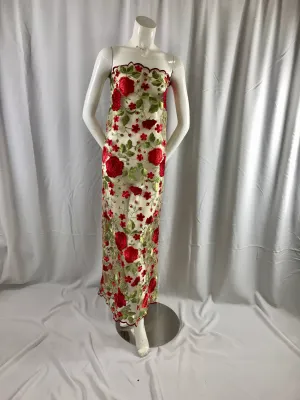 Red Flower garden design embroider on a nude mesh lace-prom-dresses-nightgown-decorations-Sold by the yard.