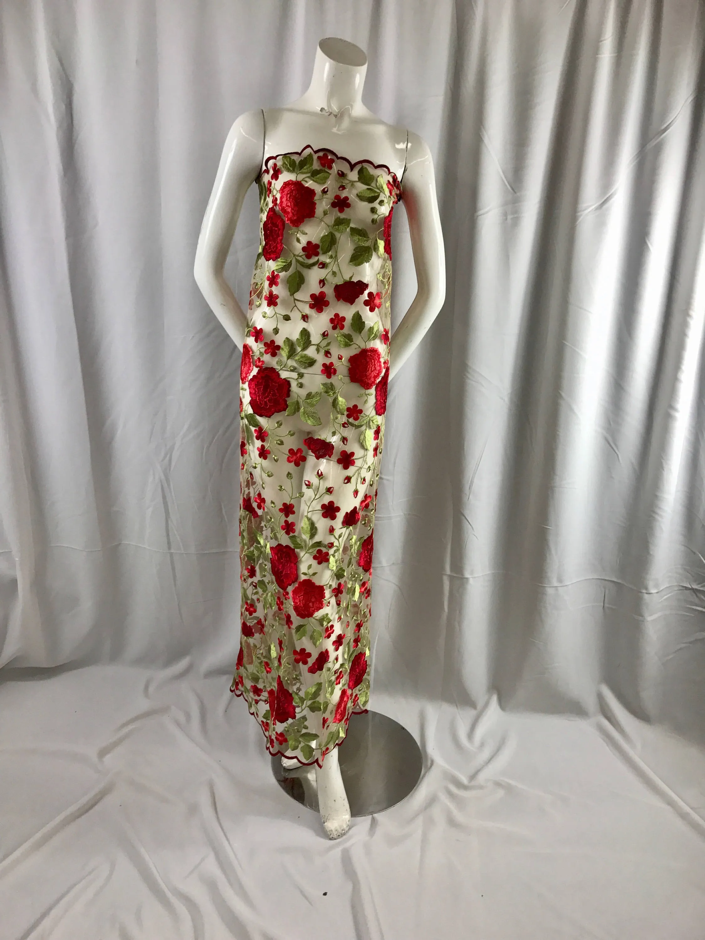 Red Flower garden design embroider on a nude mesh lace-prom-dresses-nightgown-decorations-Sold by the yard.