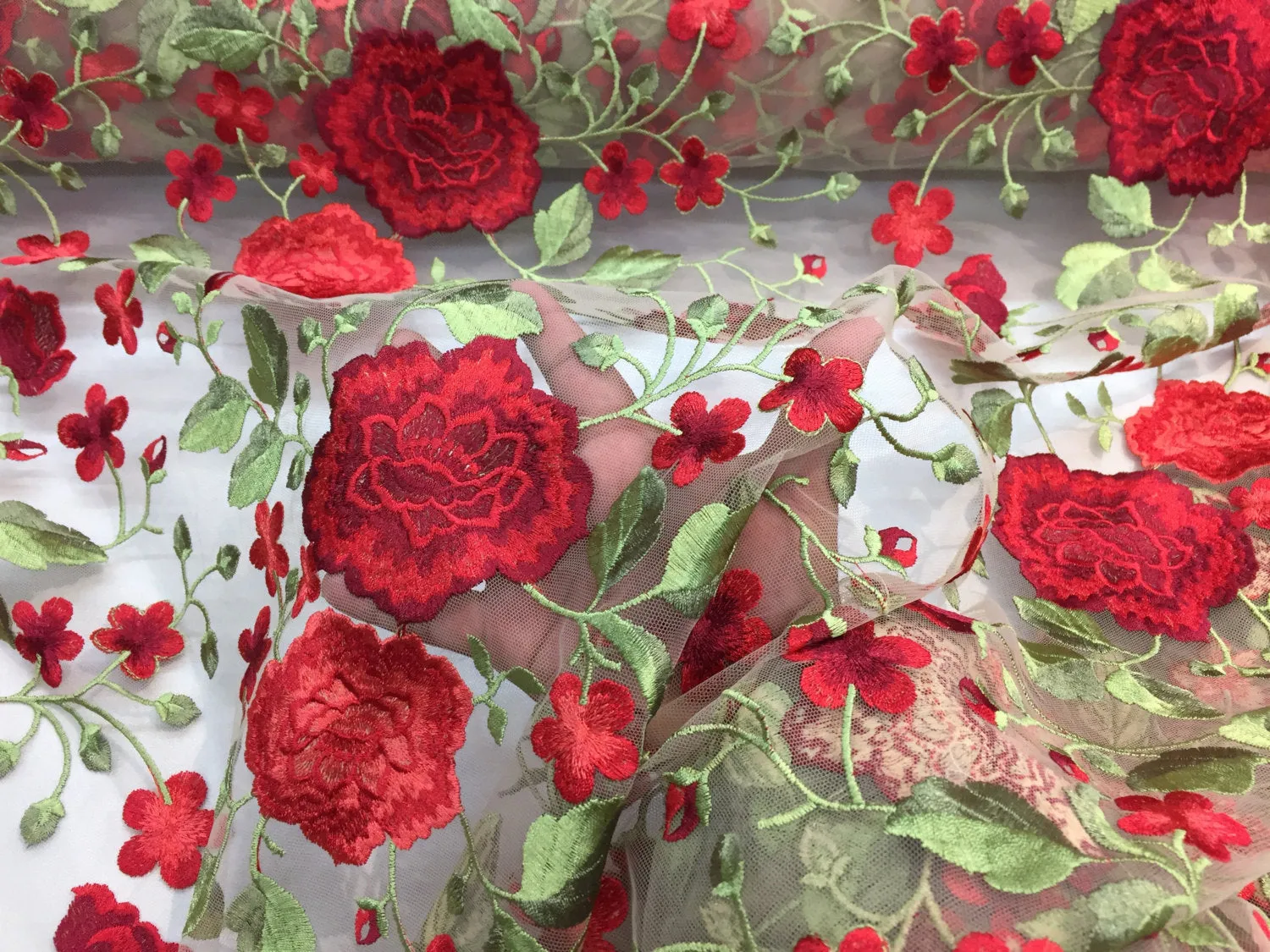 Red Flower garden design embroider on a nude mesh lace-prom-dresses-nightgown-decorations-Sold by the yard.