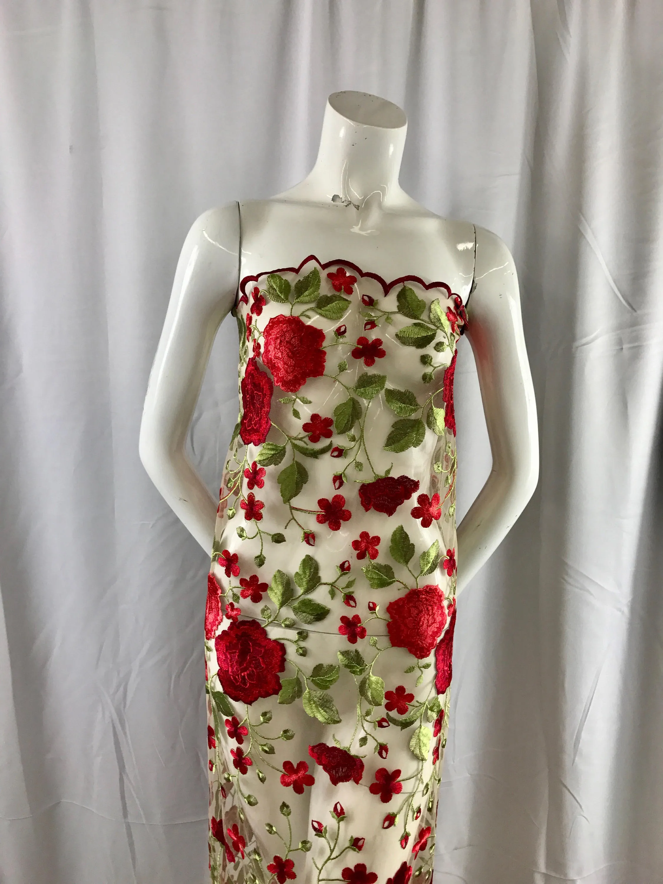 Red Flower garden design embroider on a nude mesh lace-prom-dresses-nightgown-decorations-Sold by the yard.