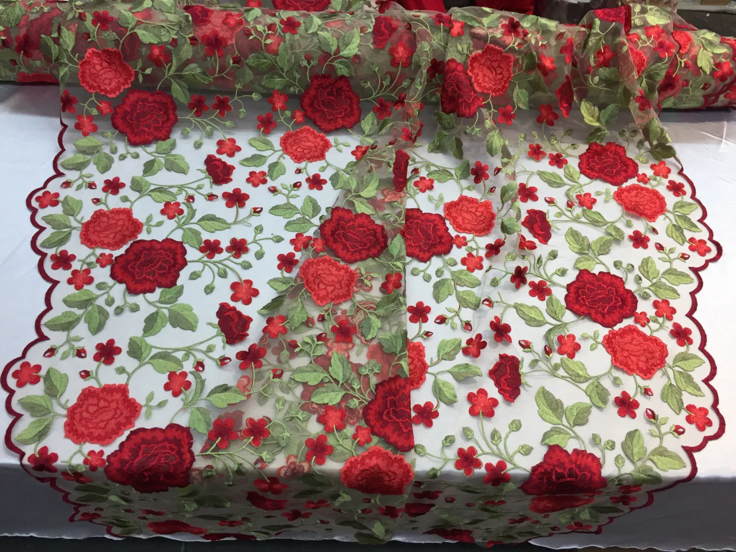 Red Flower garden design embroider on a nude mesh lace-prom-dresses-nightgown-decorations-Sold by the yard.