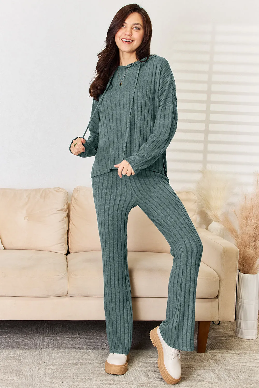 Ribbed Hooded Top & Pants Set – Full Size