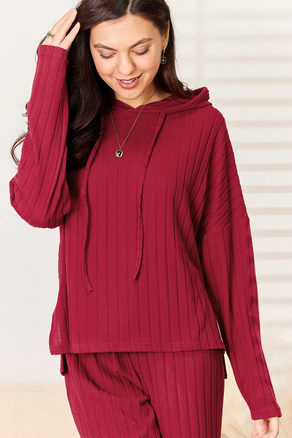 Ribbed Hooded Top & Pants Set – Full Size