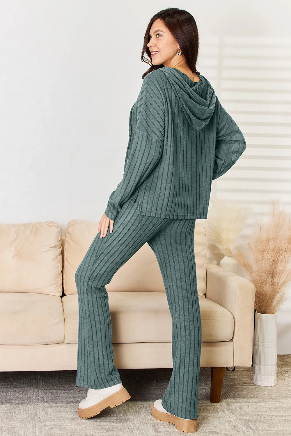 Ribbed Hooded Top & Pants Set – Full Size