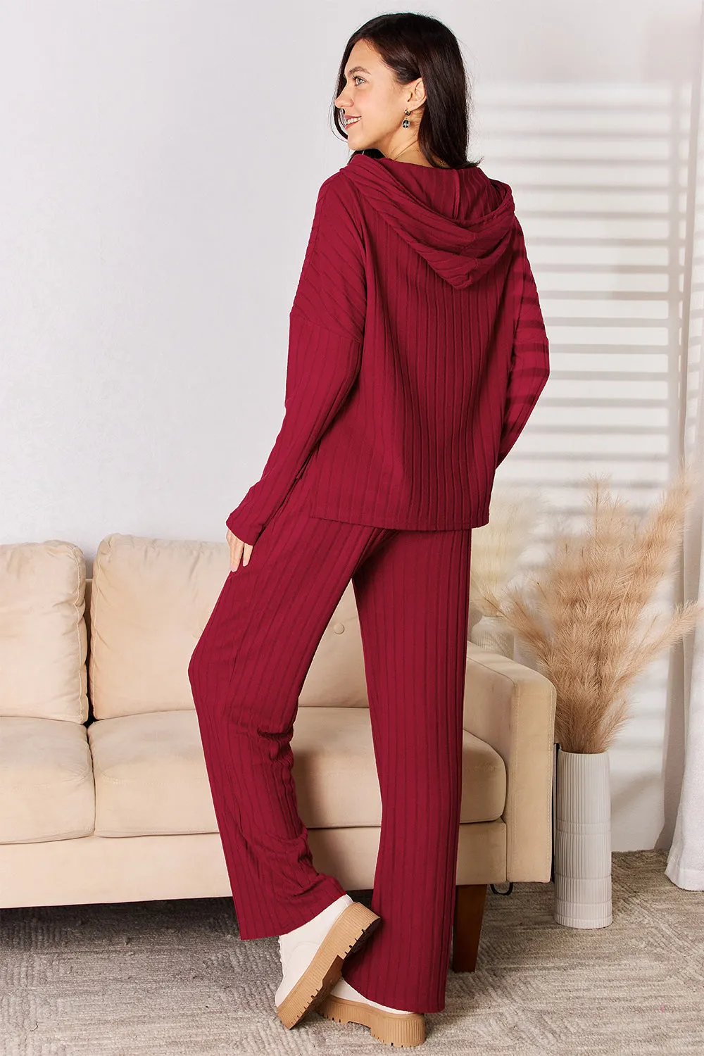 Ribbed Hooded Top & Pants Set – Full Size