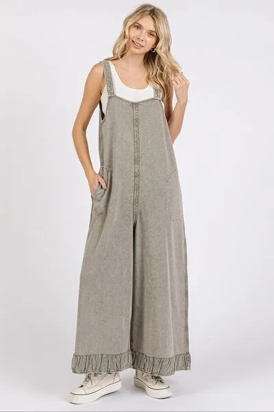 Ruffle Hem Wide Leg Overalls in Light Moss