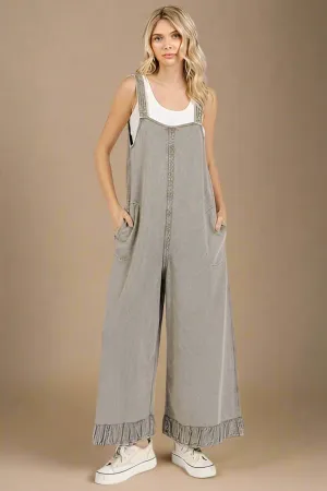Ruffle Hem Wide Leg Overalls in Light Moss