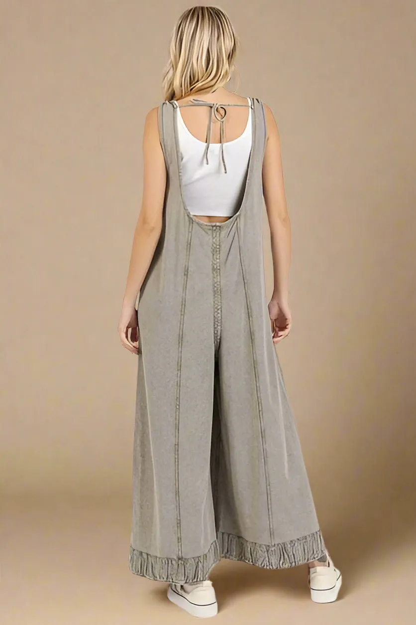 Ruffle Hem Wide Leg Overalls in Light Moss
