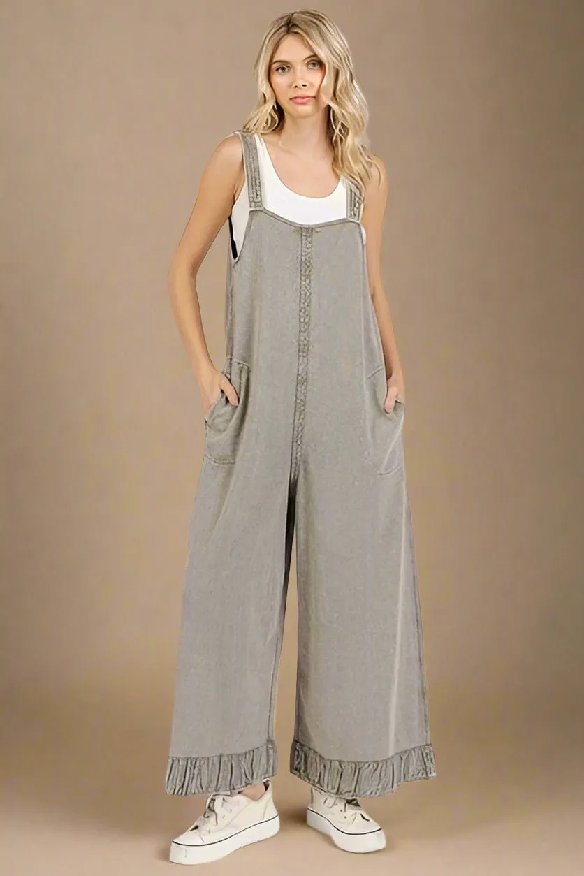 Ruffle Hem Wide Leg Overalls in Light Moss