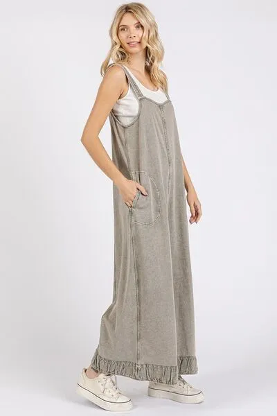 Ruffle Hem Wide Leg Overalls in Light Moss