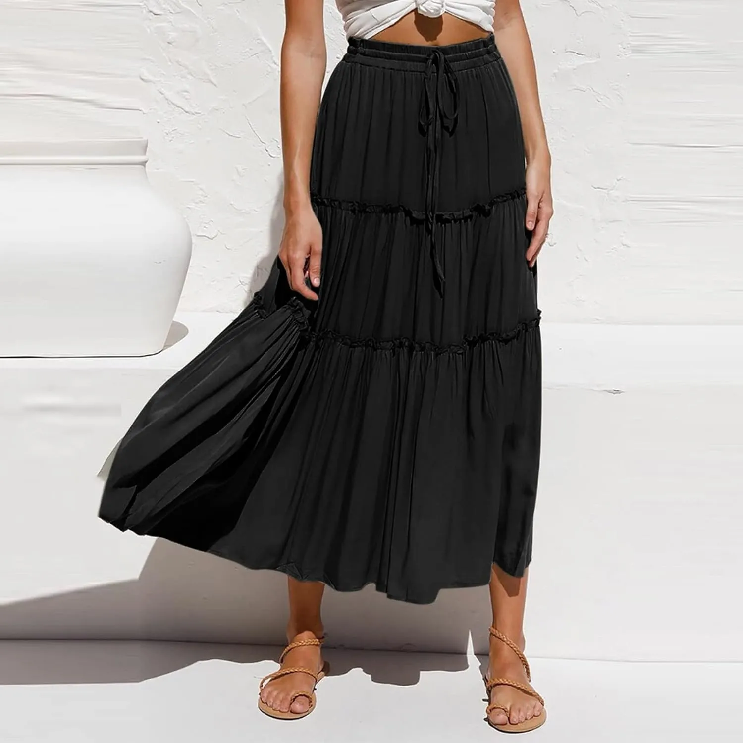 Skirts for Women Trendy Women High Elastic Waist Pleated Skirt Vintage Stretch Casual High Waist A-Line Flared