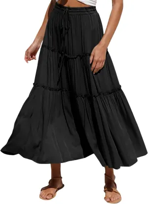 Skirts for Women Trendy Women High Elastic Waist Pleated Skirt Vintage Stretch Casual High Waist A-Line Flared