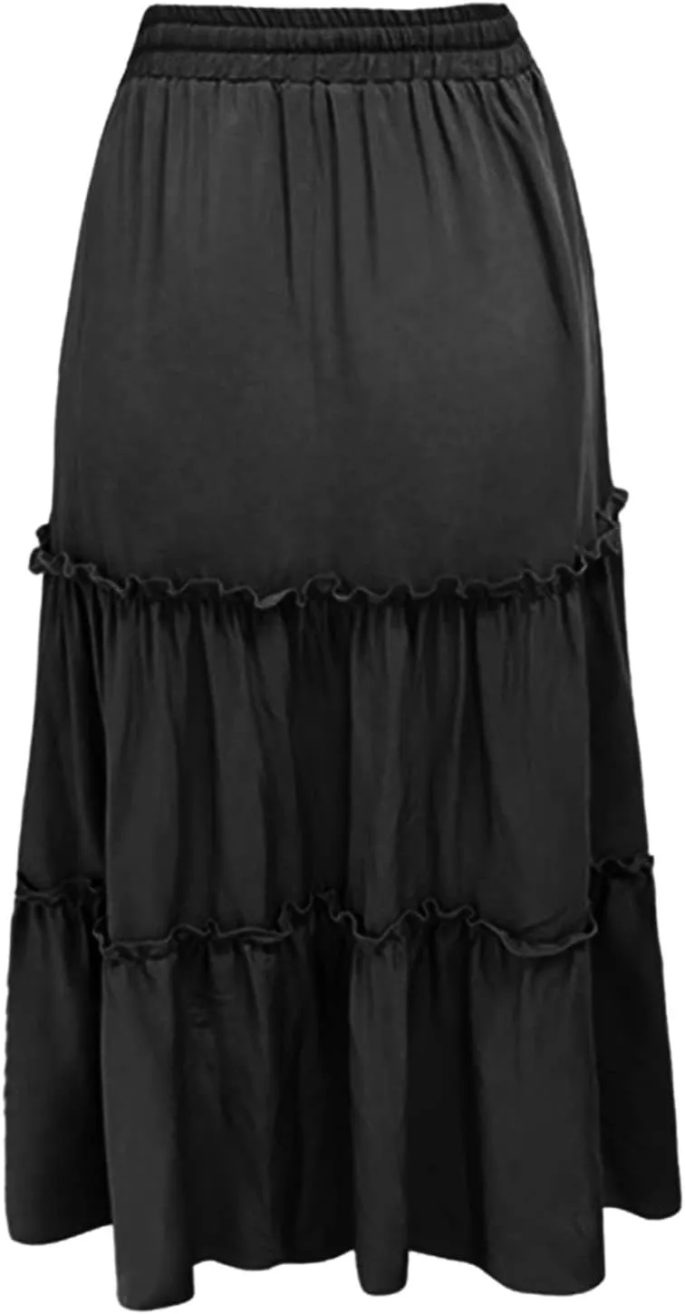 Skirts for Women Trendy Women High Elastic Waist Pleated Skirt Vintage Stretch Casual High Waist A-Line Flared