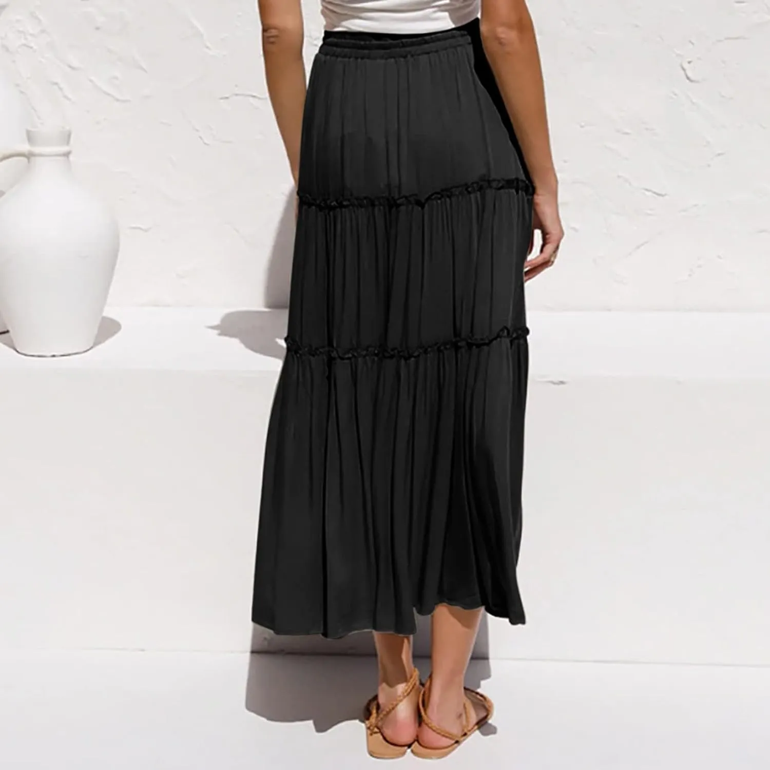 Skirts for Women Trendy Women High Elastic Waist Pleated Skirt Vintage Stretch Casual High Waist A-Line Flared