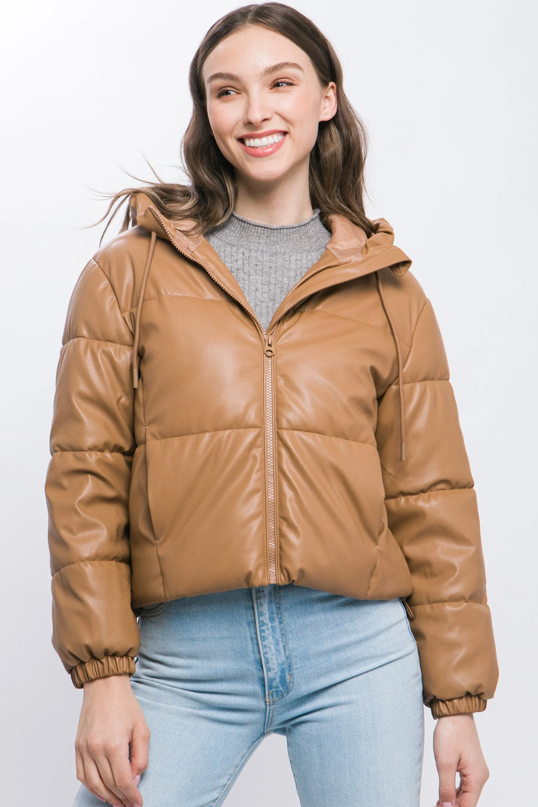 Sleek Modern Cozy PU Faux Leather Hooded Zipper Front Puffer Jacket