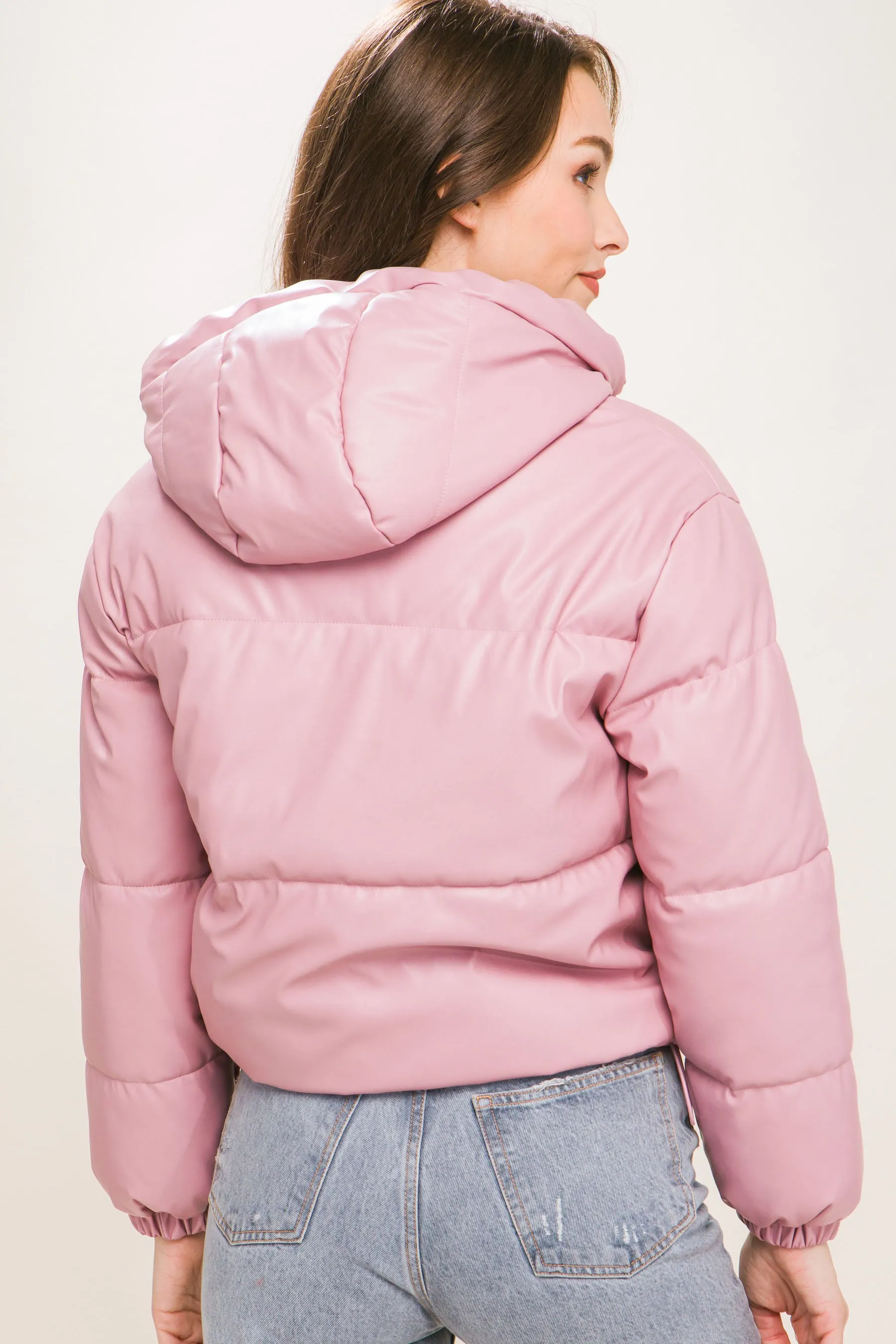 Sleek Modern Cozy PU Faux Leather Hooded Zipper Front Puffer Jacket