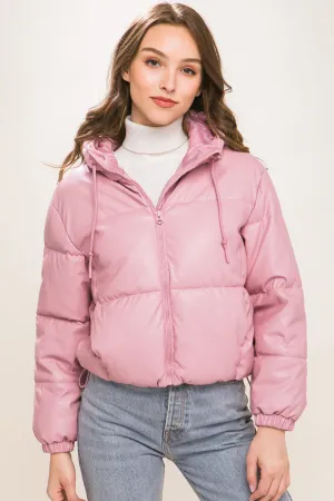 Sleek Modern Cozy PU Faux Leather Hooded Zipper Front Puffer Jacket